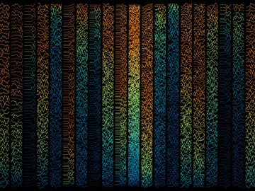 Where Health Holds artwork formed from columns of blue, green, and copper county timelines on black